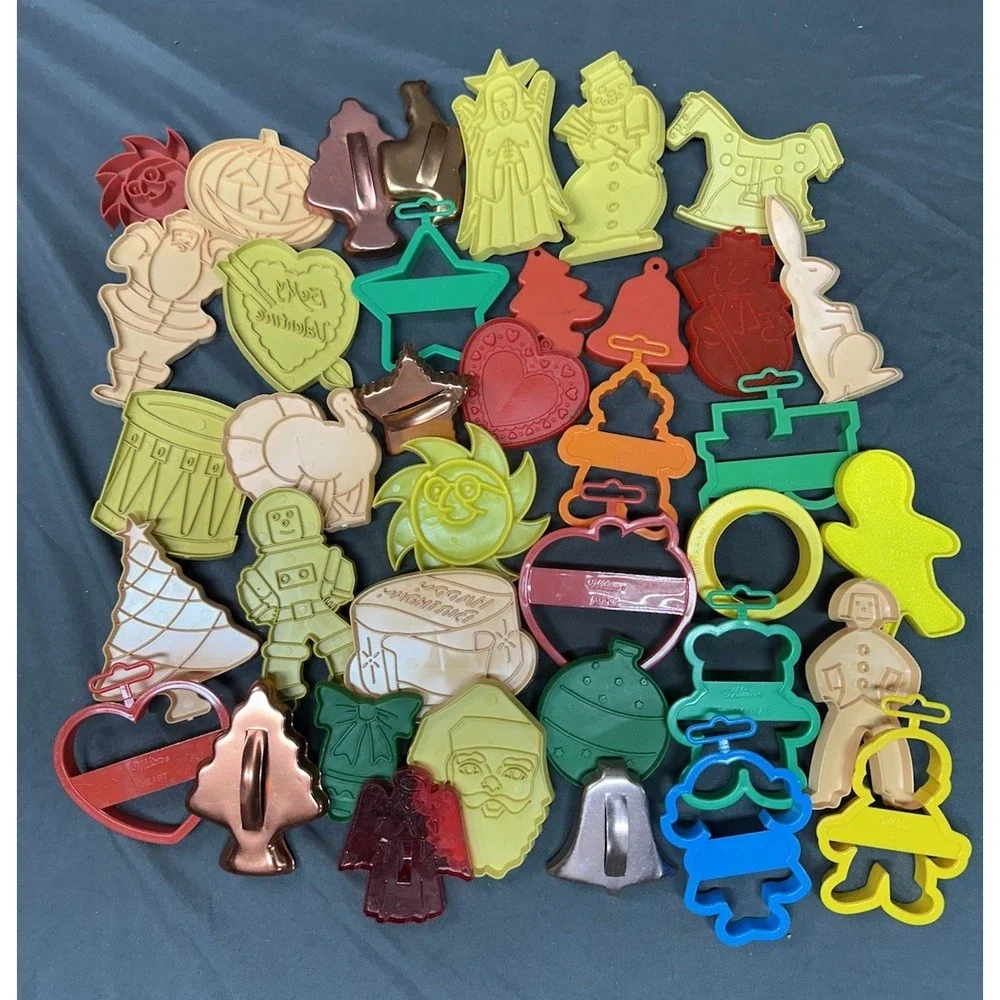 Vintage Lot of 38 Cookie Cutters Wilton Plastic Metal Holiday Christmas Birthday